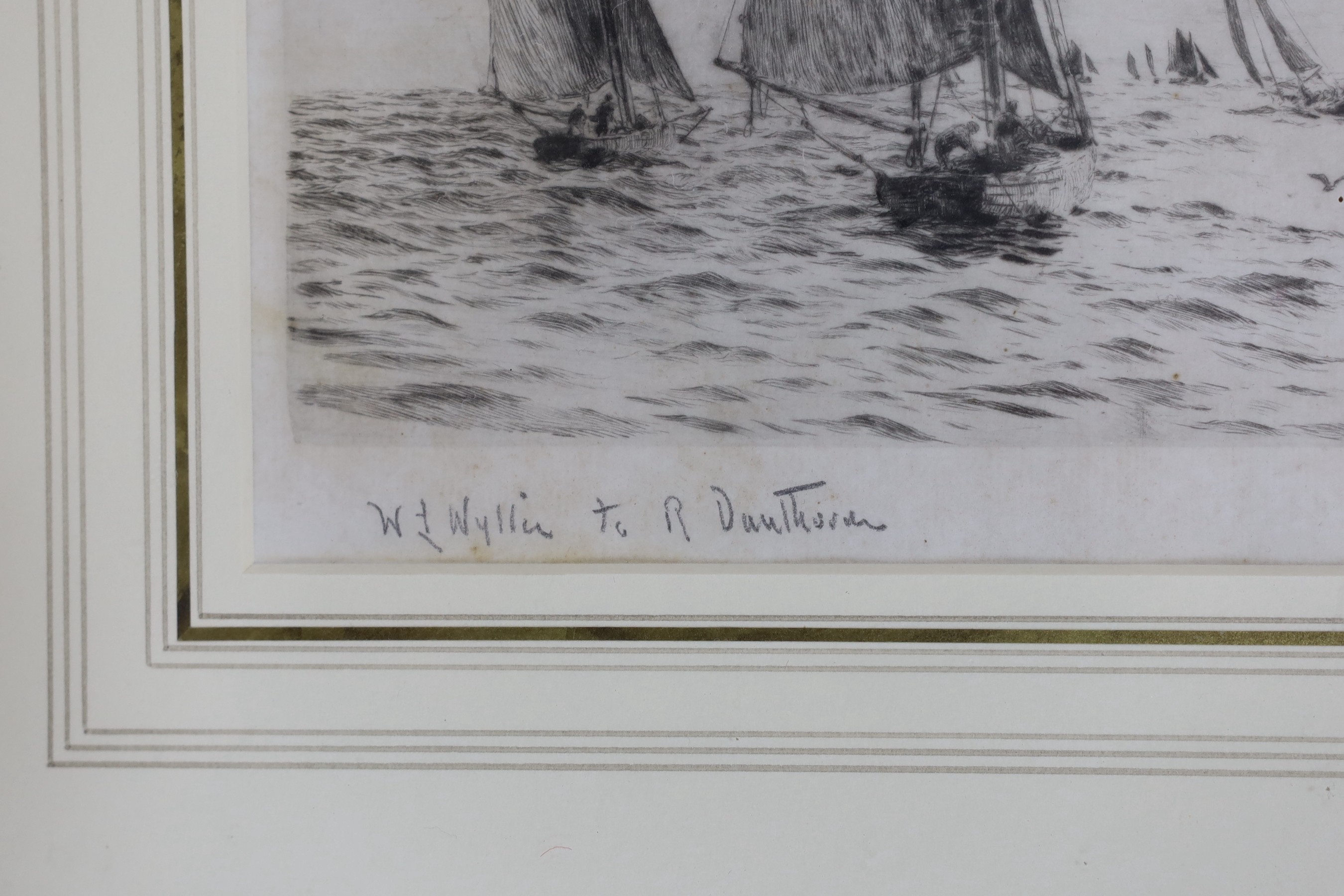 William Lionel Wyllie (1851-1931), drypoint etching, 'Fishing boats on the Hamilton Bank', signed with presentation inscription, 17 x 22cm
